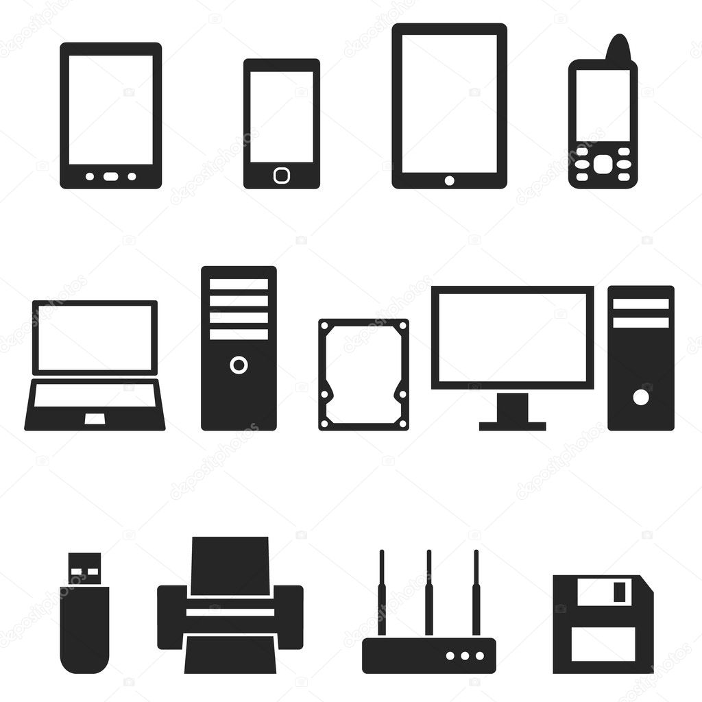 Icons of computer hardware and gadgets in the vector.