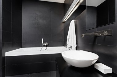 Modern minimalism style bathroom interior in black and white tones clipart