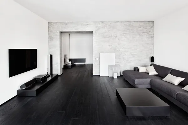 Интерьер гостиной в современном стиле минимализма в черно-белых тонах — стоковое фото