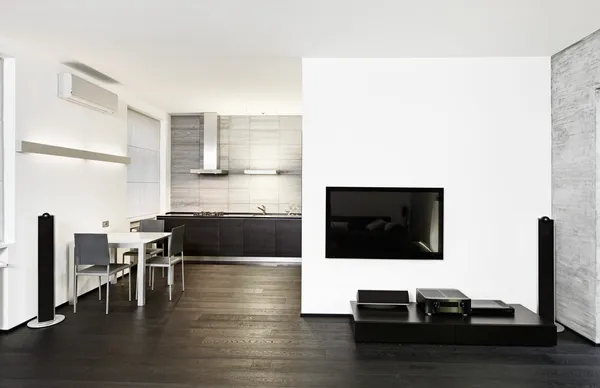 Moderne minimalisme stijl keuken en salon interieur Stockfoto