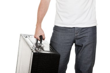 Man holding suitcase in hand clipart