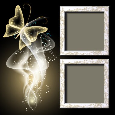 Background with grungy photo frame, butterfy and smoke clipart
