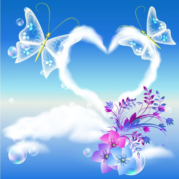 Σύννεφα καρδιά και δύο πεταλούδες — Διανυσματικό Αρχείο