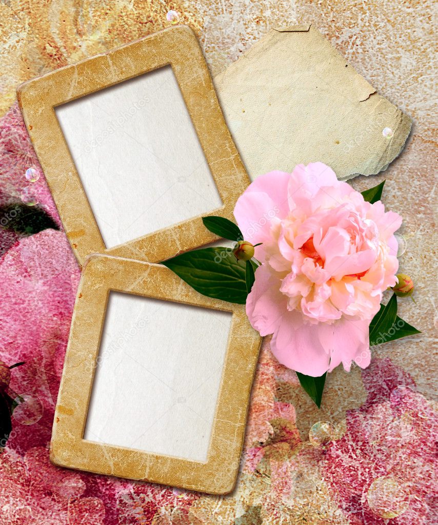 Grunge frames with peony and paper