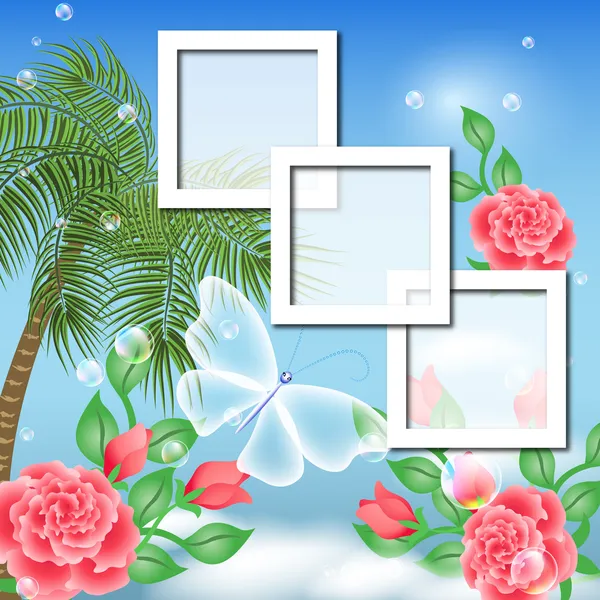 Diseño de página álbum de fotos con palmeras y rosas — Vector de stock