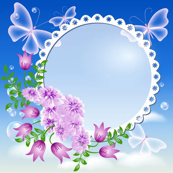Bloemen, vlinders in de hemel en foto frame — Stockvector