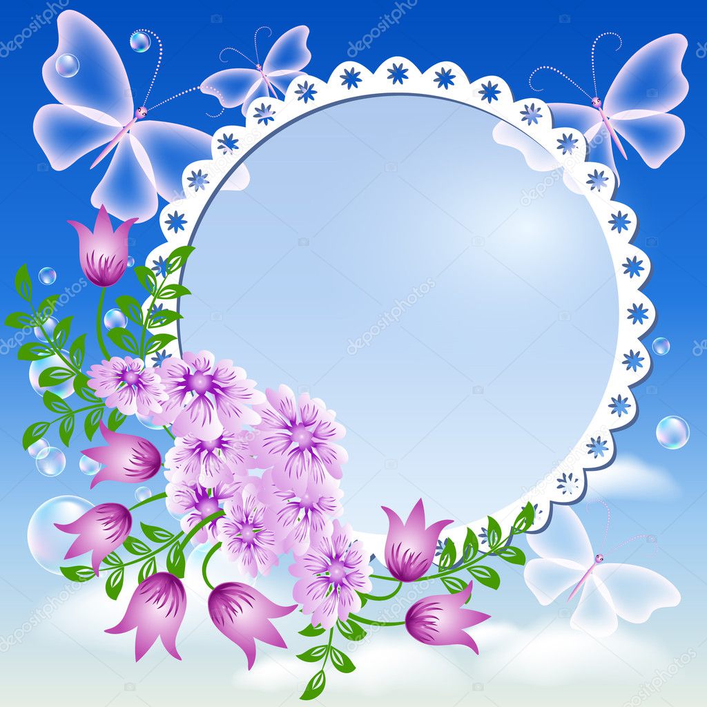Flowers, butterflies in the sky and photo frame
