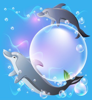 Pair dolphins swims in the water with air bubbles. clipart