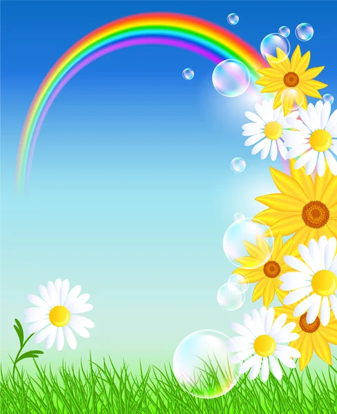 Blommor med grönt gräs och regnbåge — Stock vektor
