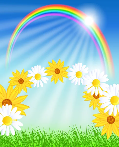 Blumen mit grünem Gras und Regenbogen — Stockvektor