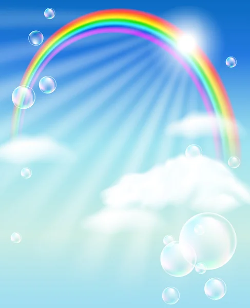 Arc en ciel, nuages et bulles — Image vectorielle