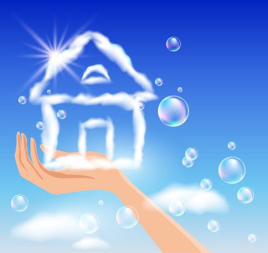 The hand holds a cloud house. clipart