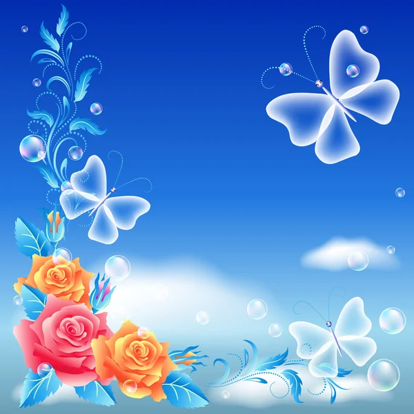 Τριαντάφυλλα και πεταλούδα στον ουρανό — Διανυσματικό Αρχείο