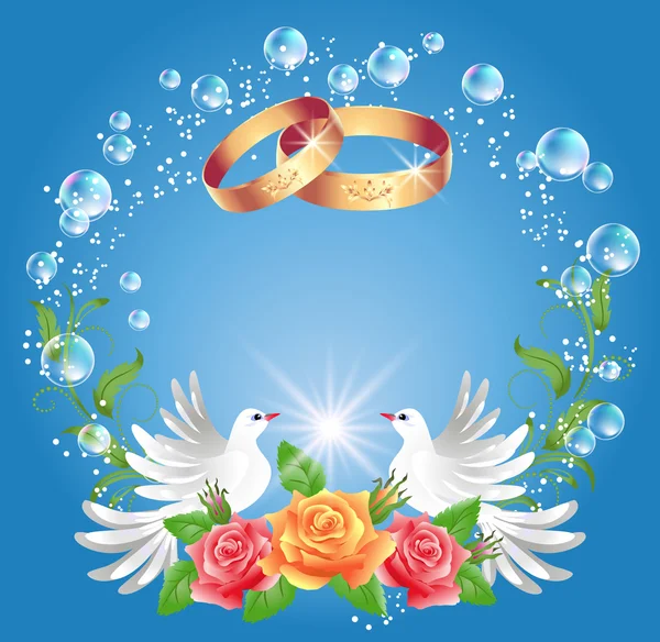 Esküvő gyűrű és a két galambok — Stock Vector