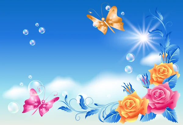 バラと空の蝶 — ストックベクタ