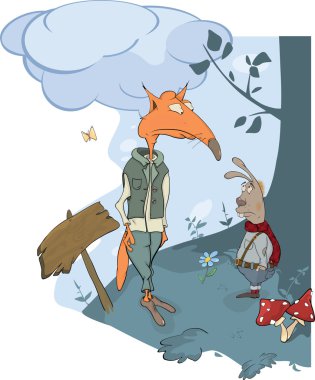 Foxes and a rabbit. A meeting in wood clipart