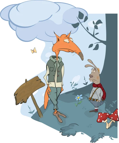 Des renards et un lapin. Une réunion en bois — Image vectorielle