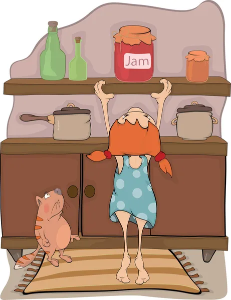 Das Mädchen, Marmelade und ein Katzen-Cartoon — Stockvektor