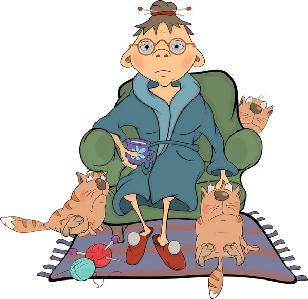 De grootmoeder en haar katten cartoon — Stockvector