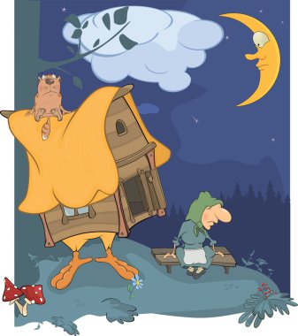 Night wood and hut of an old wood witch. Cartoon vector