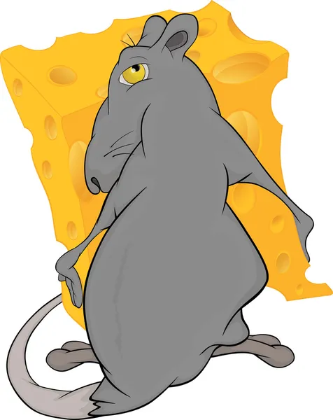 Rat gourmand et morceau de fromage dessin animé — Image vectorielle
