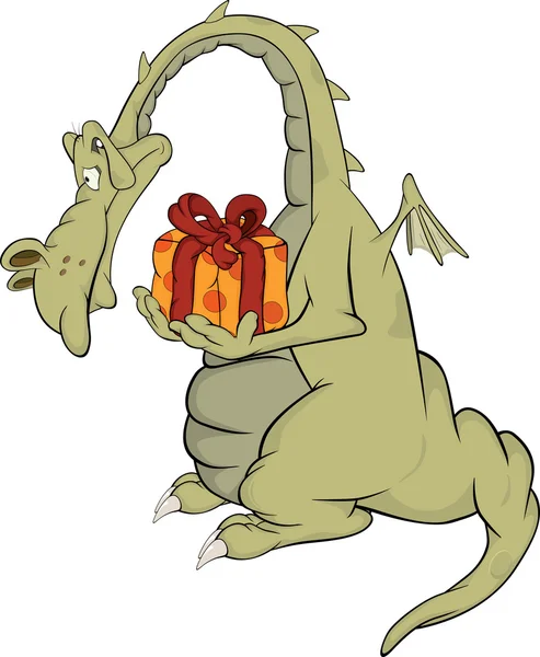 Dragon avec un cadeau. Caricature — Image vectorielle