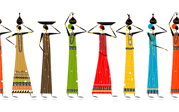 Mulheres étnicas com jarros, fundo sem costura para o seu projeto — Vetor de Stock