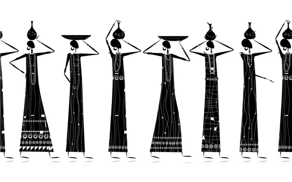 Mulheres étnicas com jarros, fundo sem costura para o seu projeto — Vetor de Stock