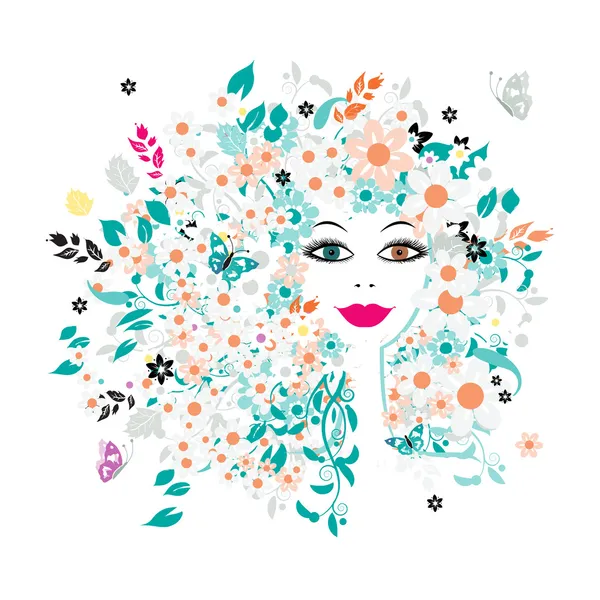 Visage femme, coiffure florale pour votre design — Image vectorielle
