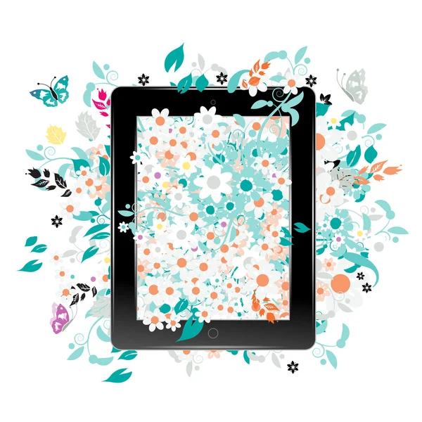 Tablet nero astratto pc con decorazione floreale per il vostro disegno — Vettoriale Stock