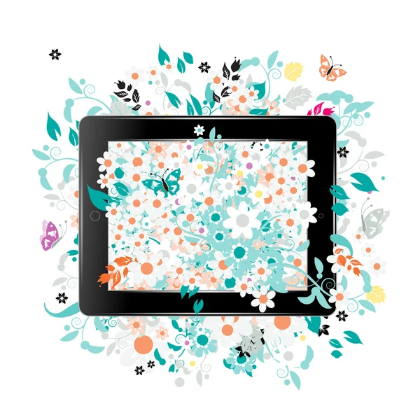 Black abstract tablet pc with floral decoration for your design — Stock Vector