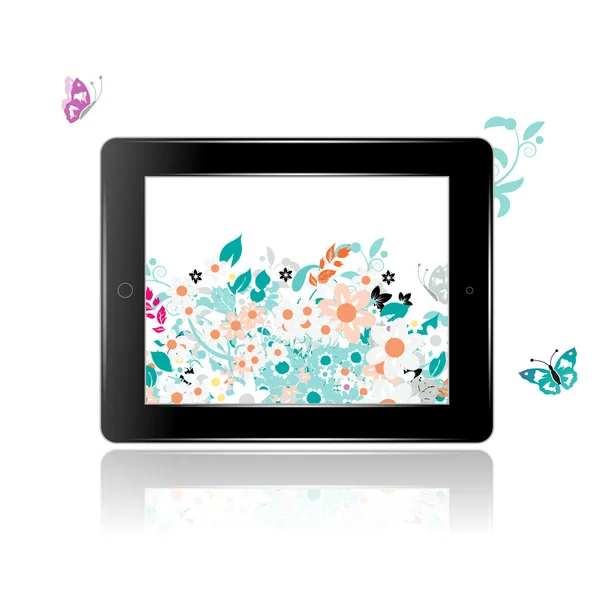 Schwarzer abstrakter Tablet-PC mit floralem Dekor für Ihr Design — Stockvektor
