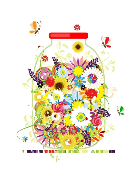 Du miel floral. Pot avec des fleurs d'été pour votre conception — Image vectorielle