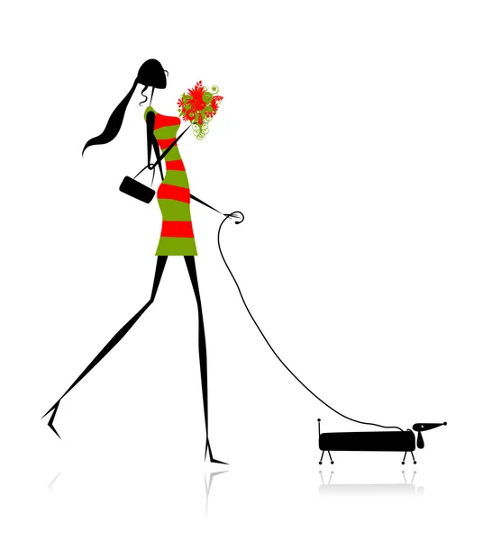 Moda chica silueta caminar con perro — Vector de stock