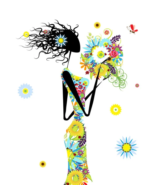 あなたの設計のための夏の花束と花女 — ストックベクタ