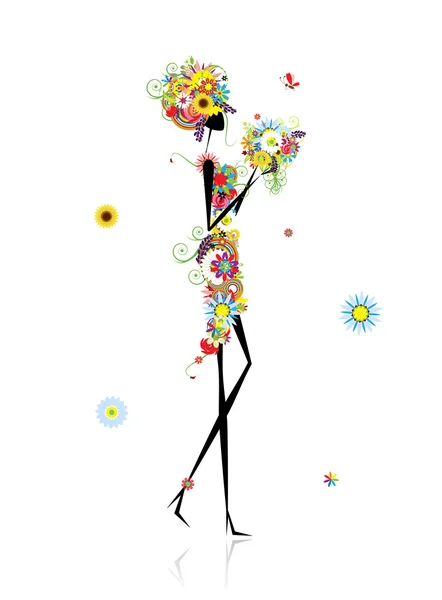 Floral vrouw met zomer bouquet voor uw ontwerp — Stockvector
