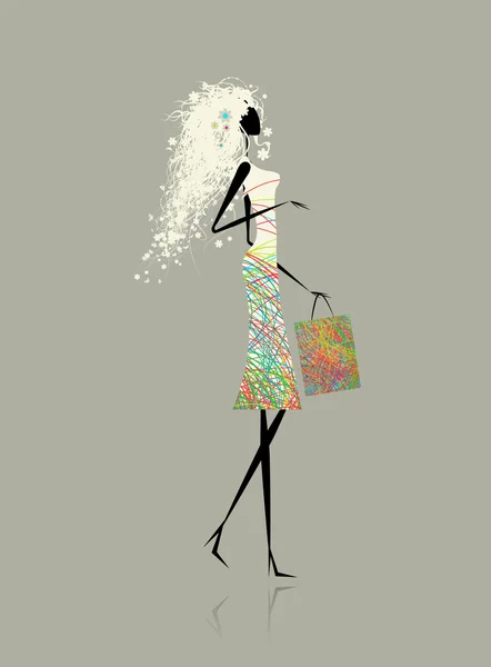 Mujer bonita con bolsa de compras para su diseño — Archivo Imágenes Vectoriales