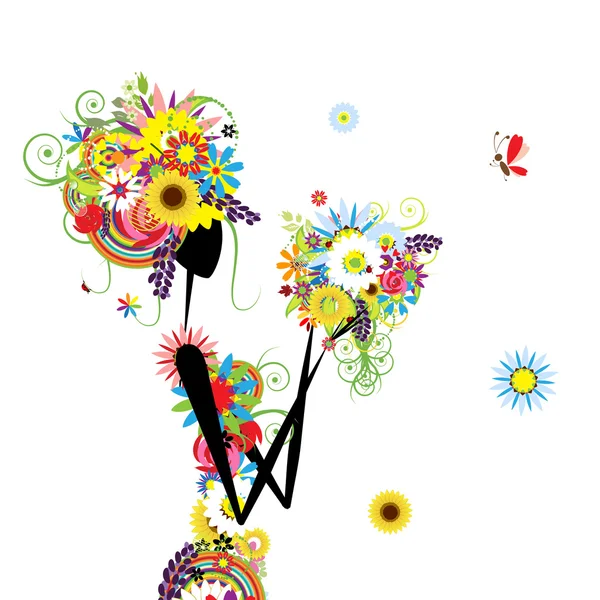 Femme florale avec bouquet d'été pour votre design — Image vectorielle