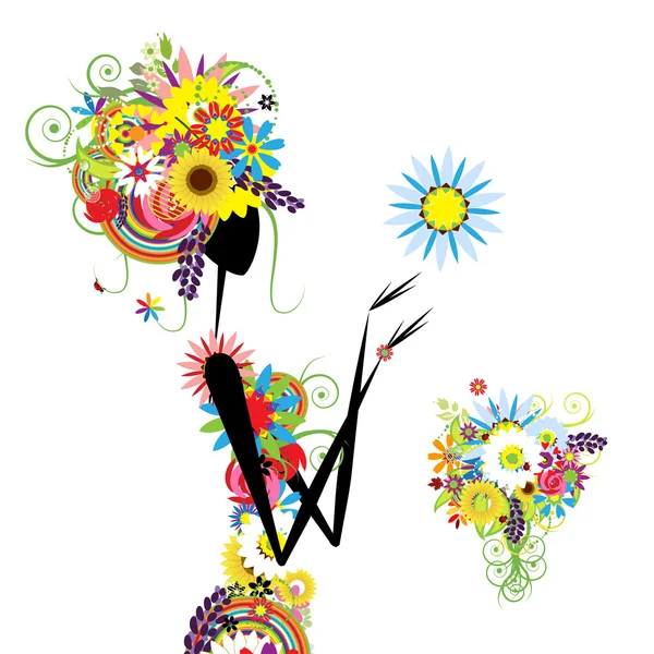 Mujer floral con ramo de verano para su diseño — Vector de stock
