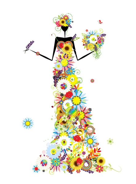 Floral woman with summer bouquet for your design — Stock Vector