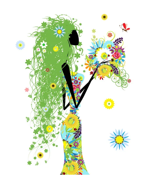 Floral woman with summer bouquet for your design — Stock Vector