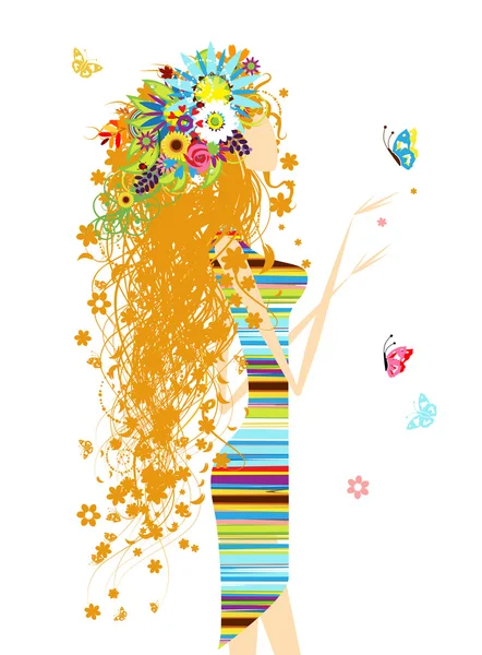 あなたのデザインのための蝶と花の女性 — ストックベクタ