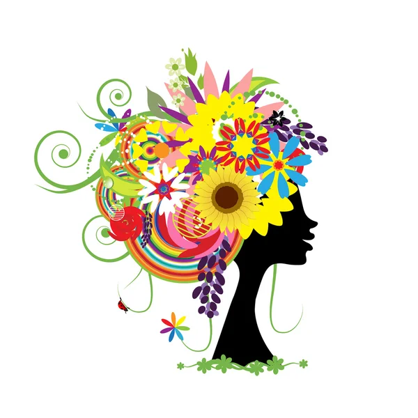 Kadının kafası tasarımınız için çiçek saç modeli ile — Stok Vektör