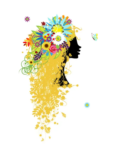 Woman head with floral hairstyle for your design — Stock Vector