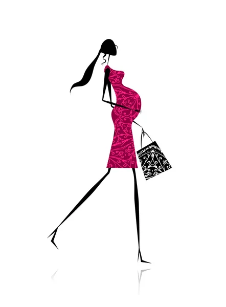 Gravid kvinna med shopping väska för din design — Stock vektor