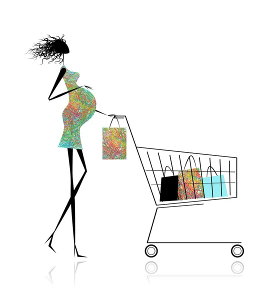 Zwangere vrouw met shopping tassen voor uw ontwerp — Stockvector