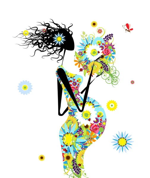 Gravid kvinna med blommor bukett för din design — Stock vektor