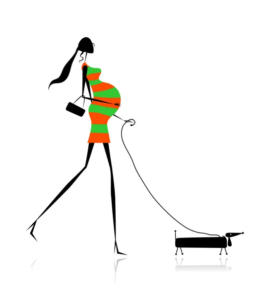 Pregnant woman walking with dog for your design — Stock Vector
