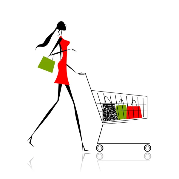 Moda kız silueti ile alışveriş torbaları — Stok Vektör