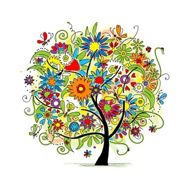 tasarımınız için çiçekli ağaç çizimi